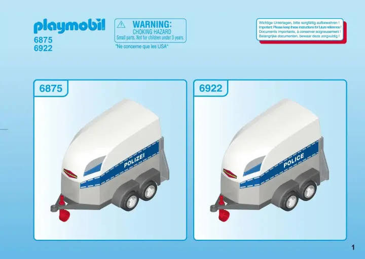 Bauanleitungen Playmobil 6922 - Polizeipferd mit Anhänger (1)