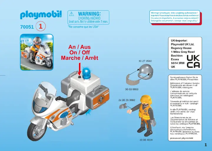 Bauanleitungen Playmobil 70051 - Notarzt-Motorrad mit Blinklicht (1)