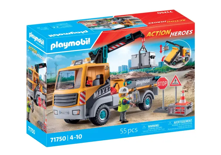 Playmobil 71750 - Camion de chantier avec grue, ouvrier, accessoires - BOX