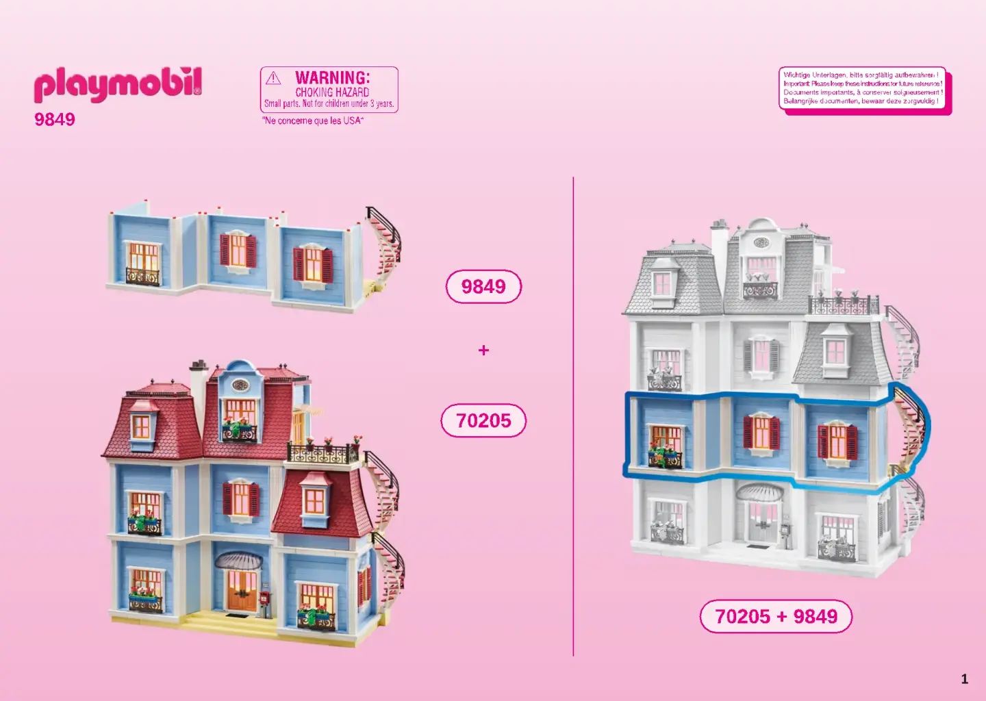 Playmobil - 9849 - Etage supplémentaire pour Grande Maison (70205  Dollhouse) - Vendu sous Emballage Carton Brun : : Jeux et Jouets